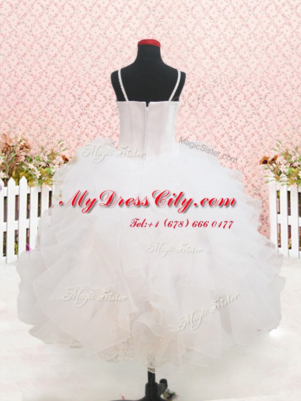 Flare Organza Strapless Sleeveless Zipper Beading and Lace and Ruffles Flower Girl Dress in White