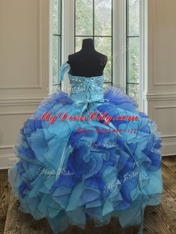 Strapless Sleeveless Organza Kids Formal Wear Beading and Ruffles Lace Up