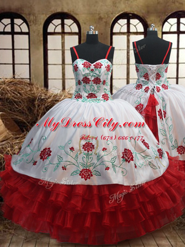 White and Red Spaghetti Straps Lace Up Embroidery and Ruffled Layers Little Girl Pageant Gowns Sleeveless