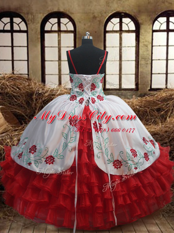 White and Red Spaghetti Straps Lace Up Embroidery and Ruffled Layers Little Girl Pageant Gowns Sleeveless