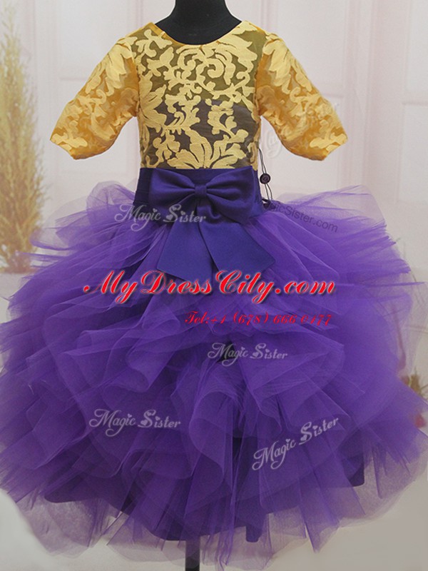 Scoop Lace and Ruffles and Bowknot Pageant Dress for Teens Eggplant Purple and Gold Zipper Short Sleeves Mini Length