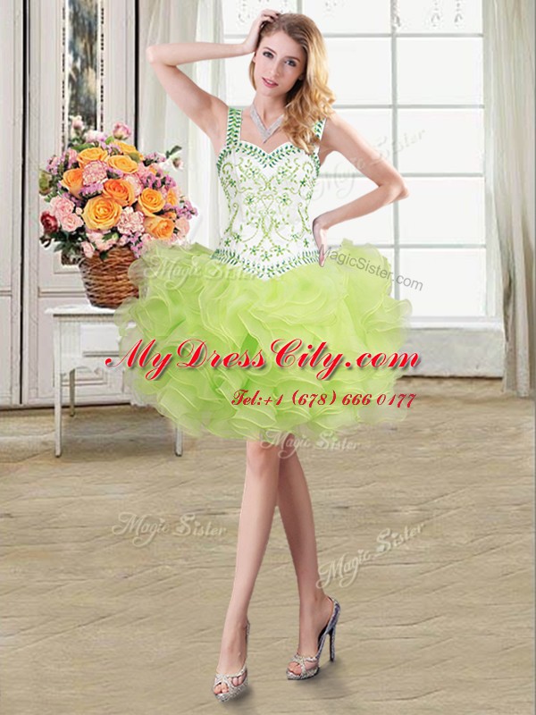 Yellow Green Straps Lace Up Beading and Ruffles Prom Evening Gown Sleeveless