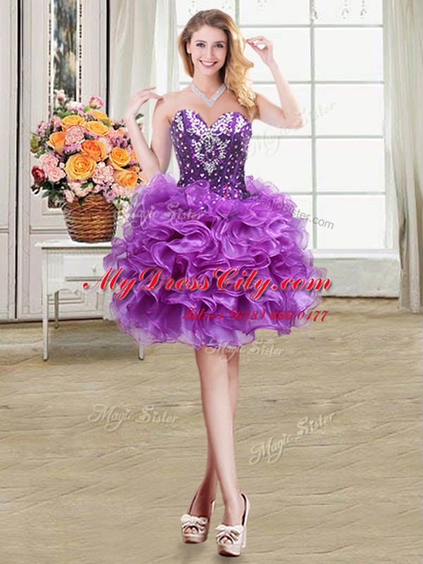 Most Popular Eggplant Purple Sleeveless Organza Lace Up Homecoming Dress for Prom and Party