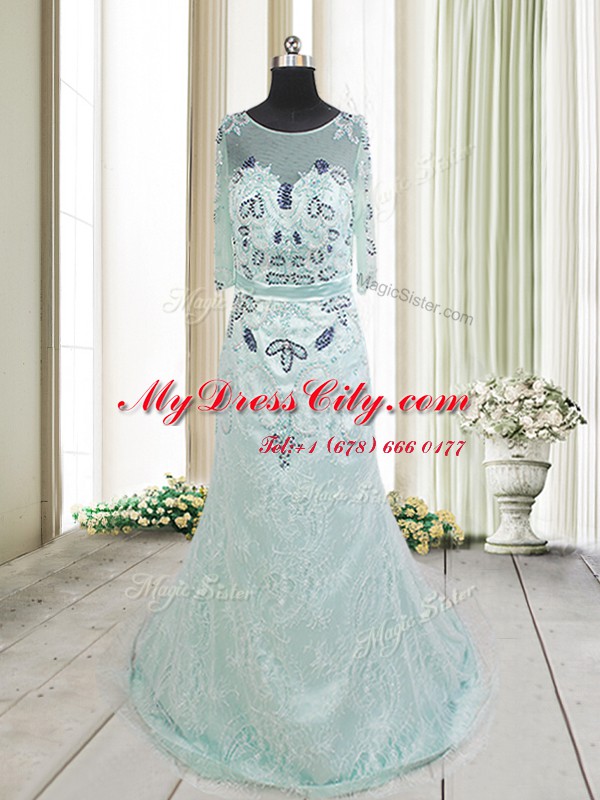 Admirable Scoop Half Sleeves Tulle Prom Party Dress Beading and Lace Brush Train Zipper