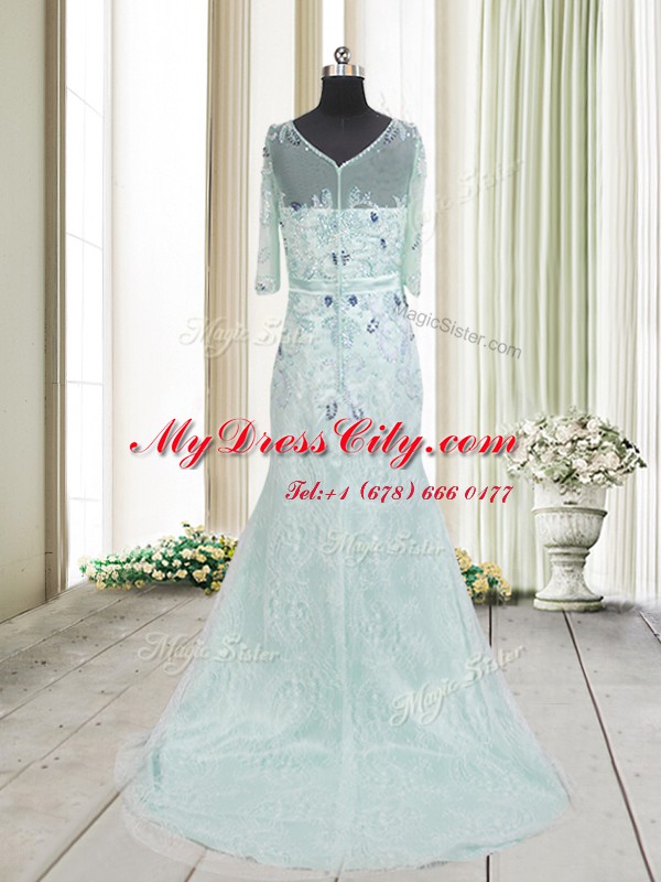 Admirable Scoop Half Sleeves Tulle Prom Party Dress Beading and Lace Brush Train Zipper