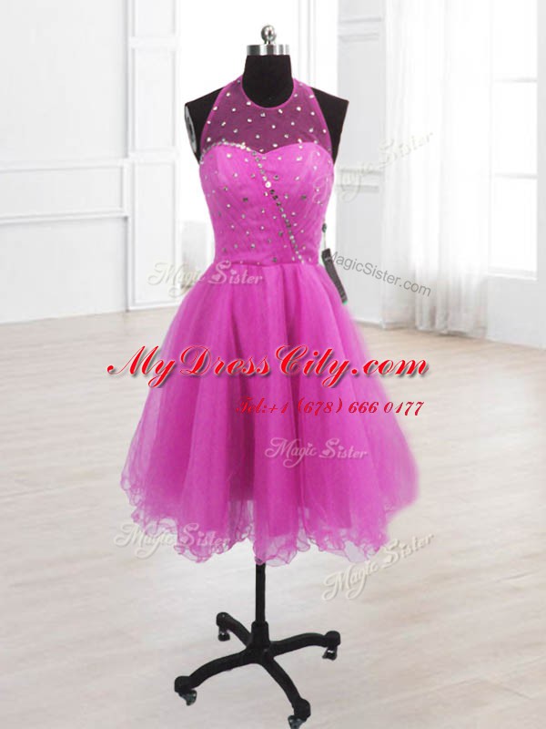 Simple Fuchsia A-line High-neck Sleeveless Organza Knee Length Lace Up Sequins Prom Party Dress