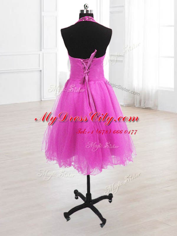 Simple Fuchsia A-line High-neck Sleeveless Organza Knee Length Lace Up Sequins Prom Party Dress