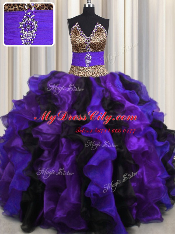 Leopard Multi-color V-neck Neckline Beading and Ruffles Quince Ball Gowns Sleeveless Lace Up