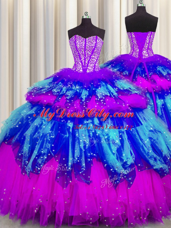 Bling-bling Visible Boning Floor Length Multi-color Sweet 16 Quinceanera Dress Tulle Sleeveless Beading and Ruffles and Ruffled Layers and Sequins
