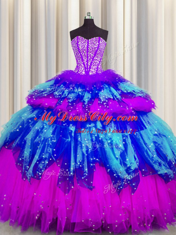 Bling-bling Visible Boning Floor Length Multi-color Sweet 16 Quinceanera Dress Tulle Sleeveless Beading and Ruffles and Ruffled Layers and Sequins