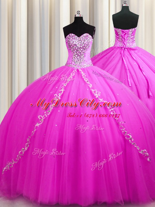 Sweep Train Beading 15th Birthday Dress Rose Pink Lace Up Sleeveless Floor Length