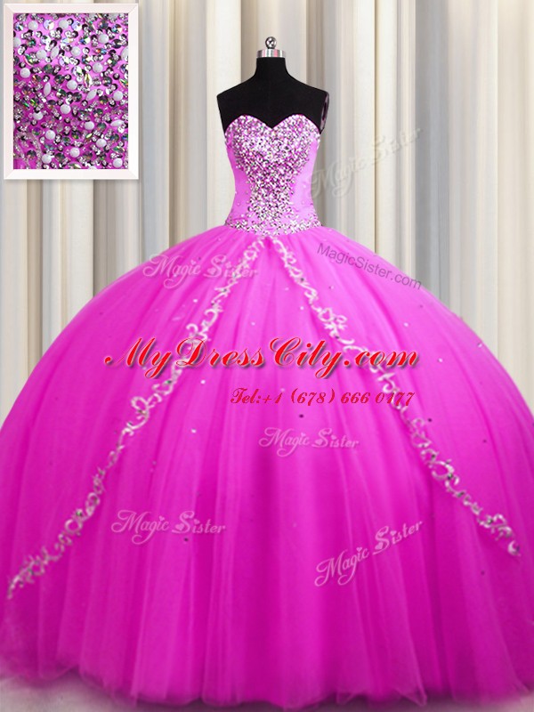 Sweep Train Beading 15th Birthday Dress Rose Pink Lace Up Sleeveless Floor Length