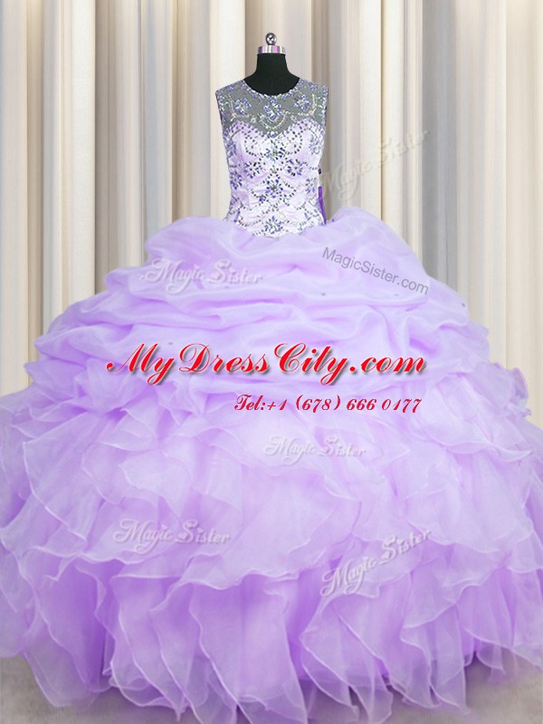 Scoop See Through Lavender Organza Lace Up 15th Birthday Dress Sleeveless Floor Length Beading and Ruffles and Pick Ups