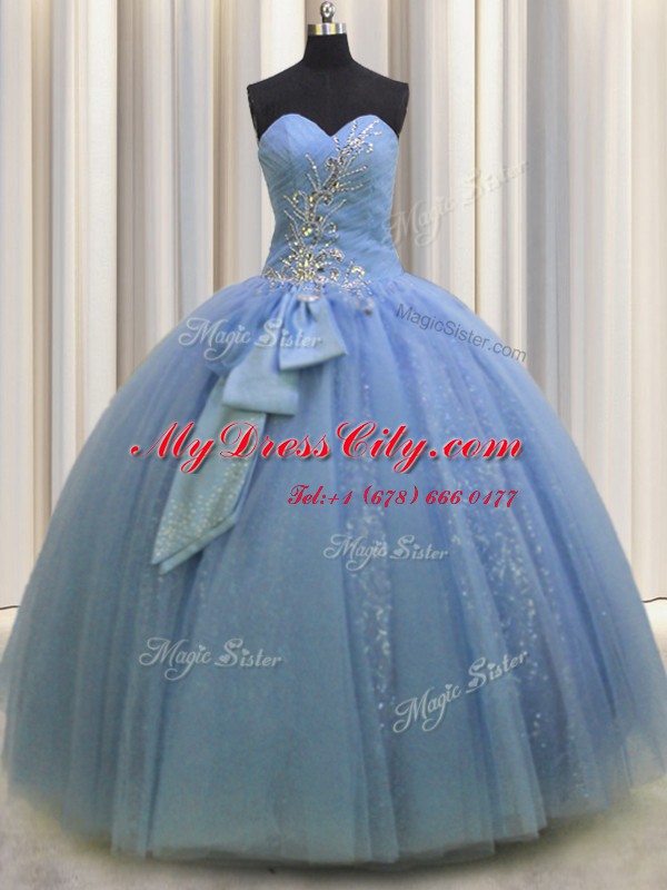 Luxury Sleeveless Tulle Floor Length Lace Up Sweet 16 Dresses in Light Blue with Beading and Sequins and Bowknot