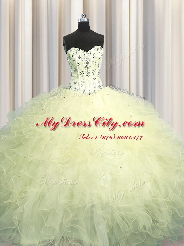 High Quality Visible Boning Light Yellow Sleeveless Beading and Appliques and Ruffles Floor Length Ball Gown Prom Dress