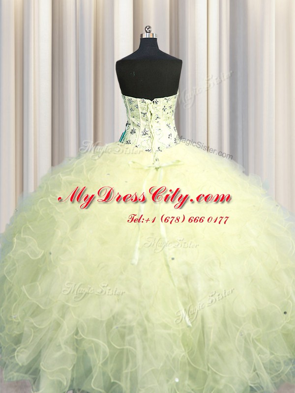 High Quality Visible Boning Light Yellow Sleeveless Beading and Appliques and Ruffles Floor Length Ball Gown Prom Dress