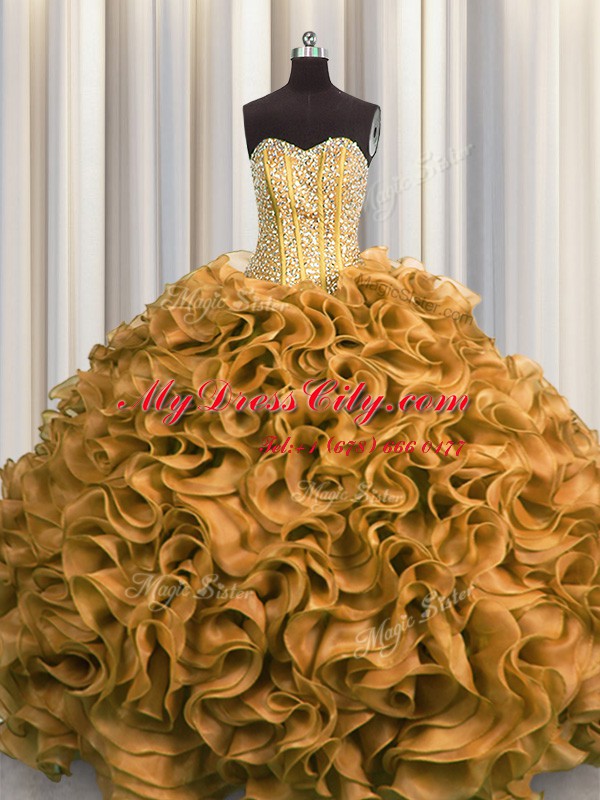 Visible Boning Gold Sleeveless Beading and Ruffles Floor Length Ball Gown Prom Dress