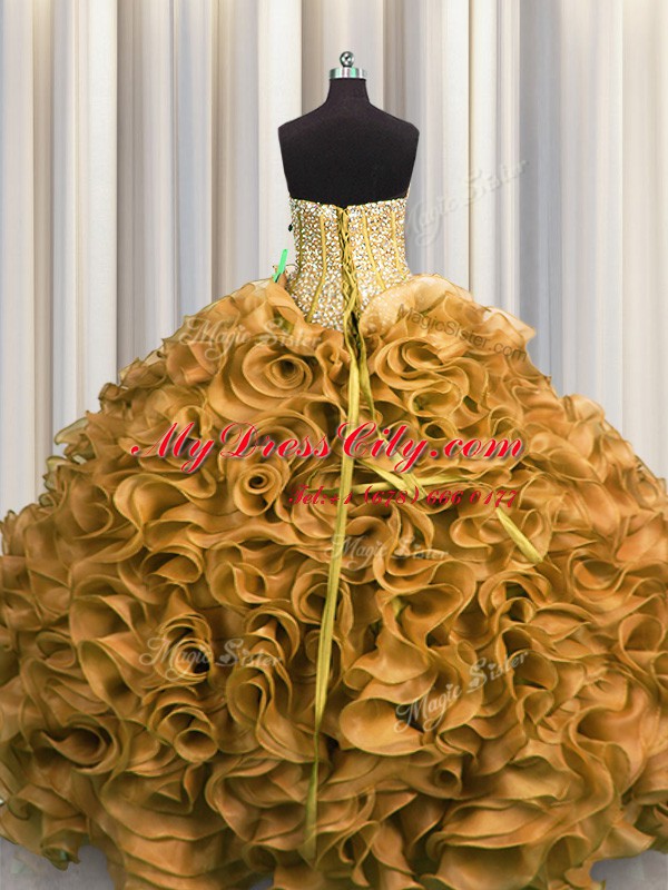 Visible Boning Gold Sleeveless Beading and Ruffles Floor Length Ball Gown Prom Dress
