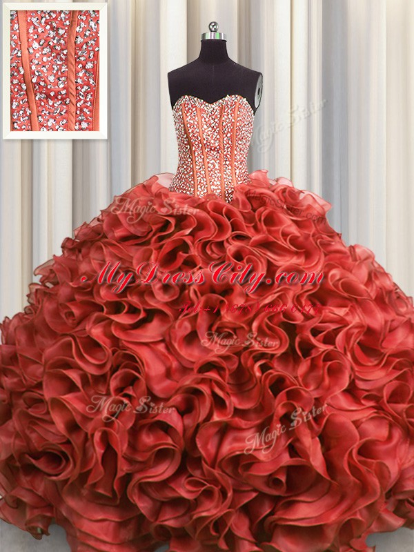Visible Boning Ball Gowns Vestidos de Quinceanera Rust Red Sweetheart Organza Sleeveless Floor Length Lace Up