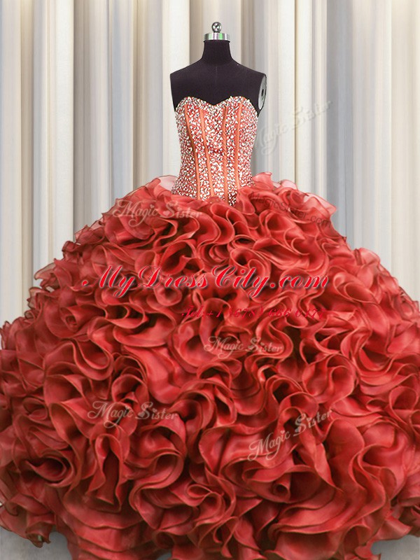 Visible Boning Ball Gowns Vestidos de Quinceanera Rust Red Sweetheart Organza Sleeveless Floor Length Lace Up