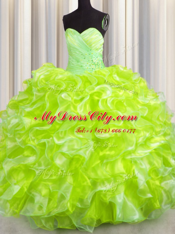 Yellow Green Lace Up Quinceanera Dress Beading and Ruffles Sleeveless Floor Length