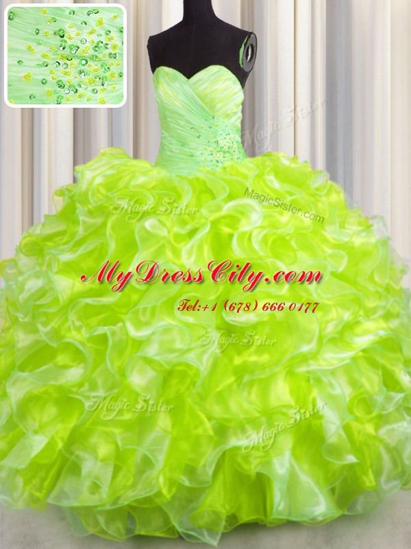 Yellow Green Lace Up Quinceanera Dress Beading and Ruffles Sleeveless Floor Length