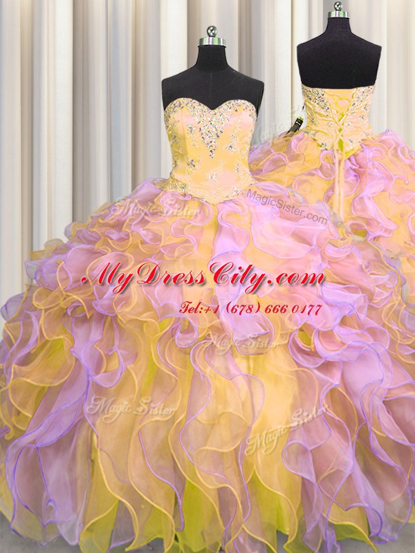 Customized Three Piece Sleeveless Beading and Appliques and Ruffles Lace Up Quinceanera Gown