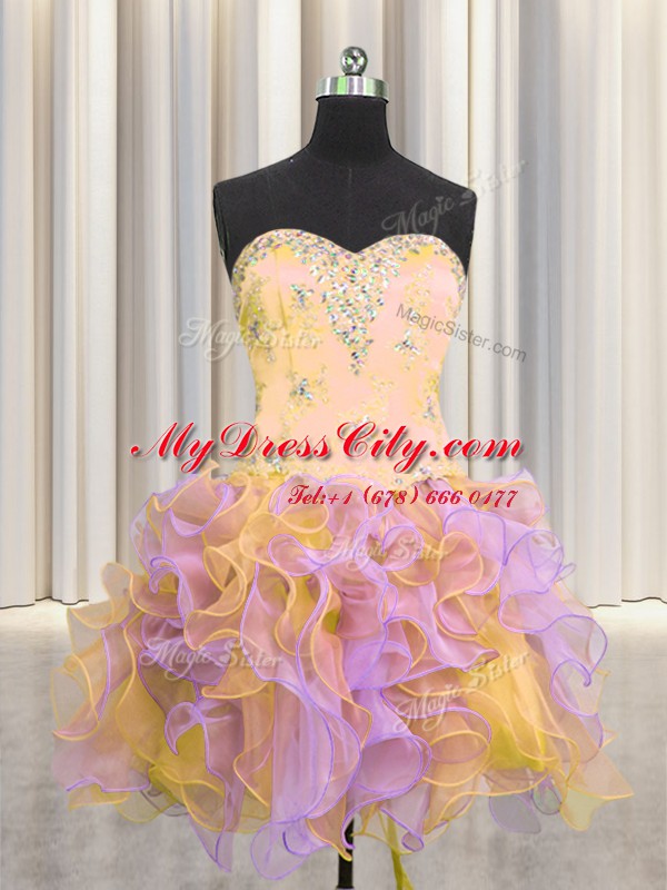 Customized Three Piece Sleeveless Beading and Appliques and Ruffles Lace Up Quinceanera Gown