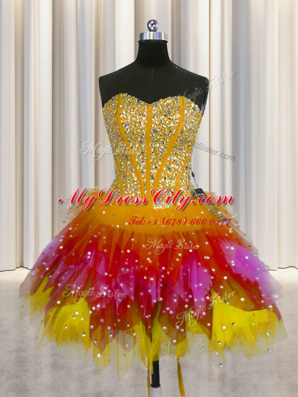 Cute Three Piece Visible Boning Tulle Sleeveless Floor Length 15th Birthday Dress and Beading