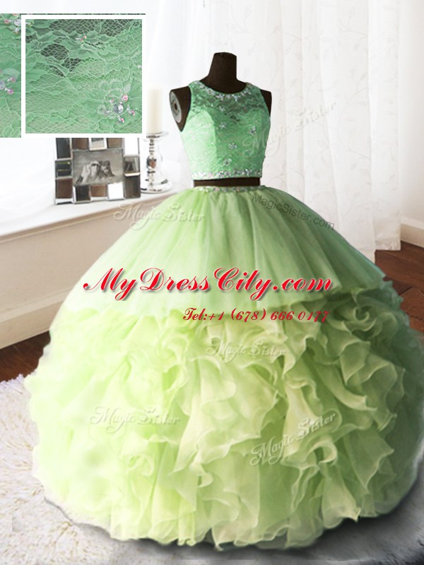 Yellow Green Quinceanera Gown Military Ball and Sweet 16 and Quinceanera and For with Beading and Lace and Ruffles Scoop Sleeveless Brush Train Zipper
