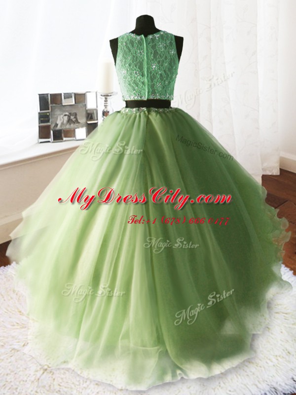 Yellow Green Quinceanera Gown Military Ball and Sweet 16 and Quinceanera and For with Beading and Lace and Ruffles Scoop Sleeveless Brush Train Zipper
