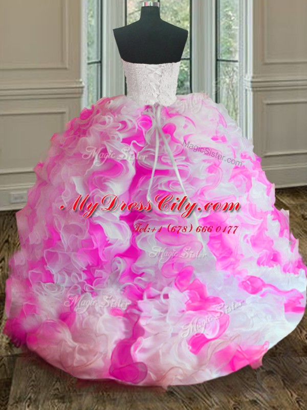 Fashion Pink And White Quinceanera Gowns Military Ball and Sweet 16 and Quinceanera and For with Beading and Ruffles Sweetheart Sleeveless Lace Up