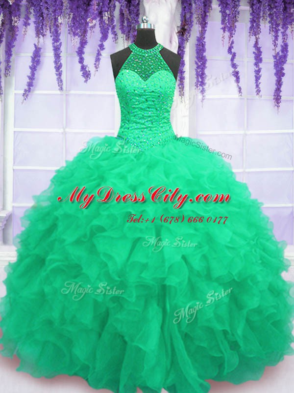 Glamorous Floor Length Turquoise 15 Quinceanera Dress Organza Sleeveless Beading and Ruffles