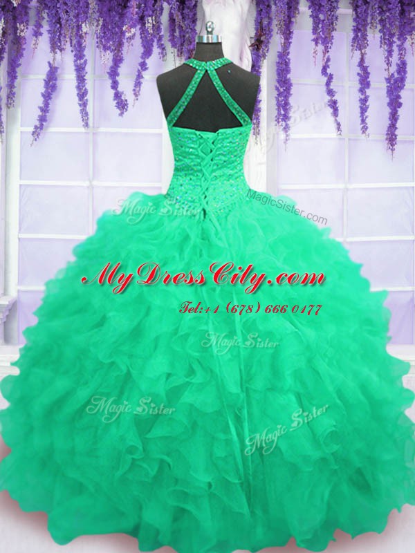 Glamorous Floor Length Turquoise 15 Quinceanera Dress Organza Sleeveless Beading and Ruffles