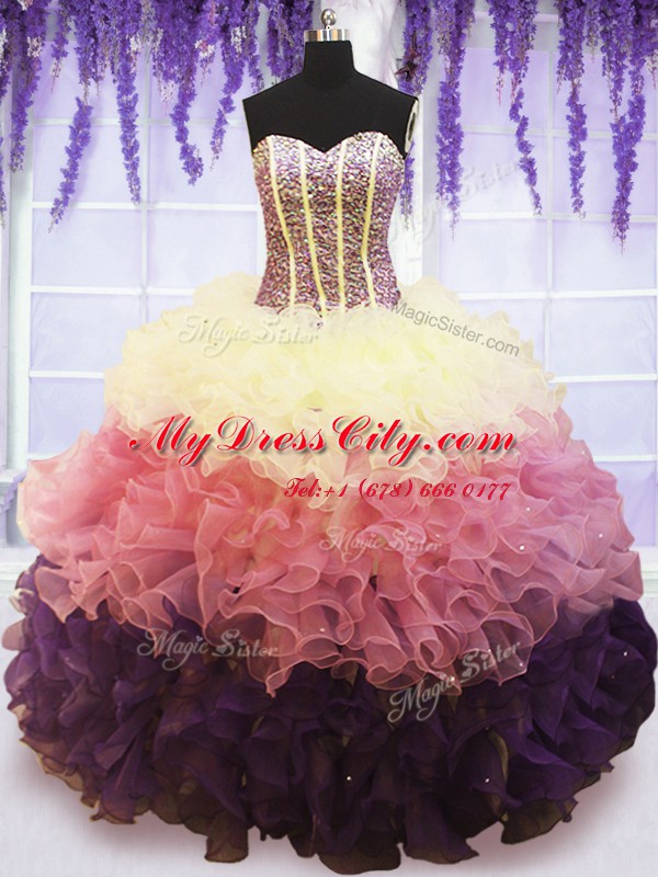 Sophisticated Sweetheart Sleeveless 15 Quinceanera Dress Floor Length Beading and Ruffles and Ruffled Layers Multi-color Organza