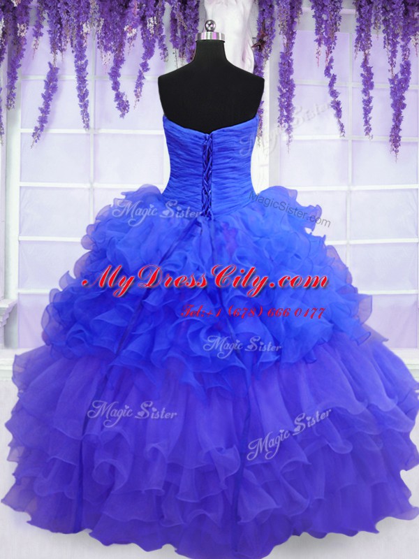 Blue Lace Up Strapless Beading and Ruffled Layers and Pick Ups Quinceanera Gown Organza Sleeveless
