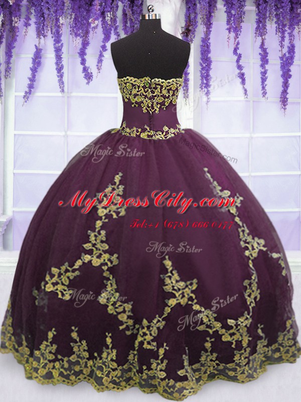 Fashion Purple Sleeveless Floor Length Appliques Zipper Quinceanera Gown