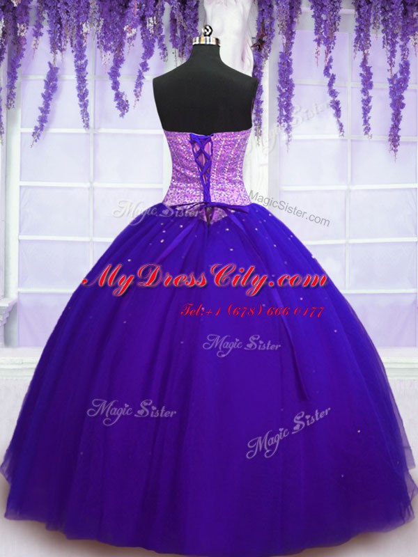 Blue Ball Gowns Beading 15th Birthday Dress Lace Up Tulle Sleeveless Floor Length