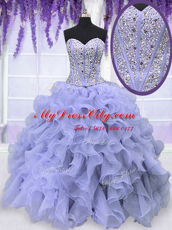 Glamorous Floor Length Lace Up 15 Quinceanera Dress Lavender for Military Ball and Sweet 16 and Quinceanera with Beading and Ruffles