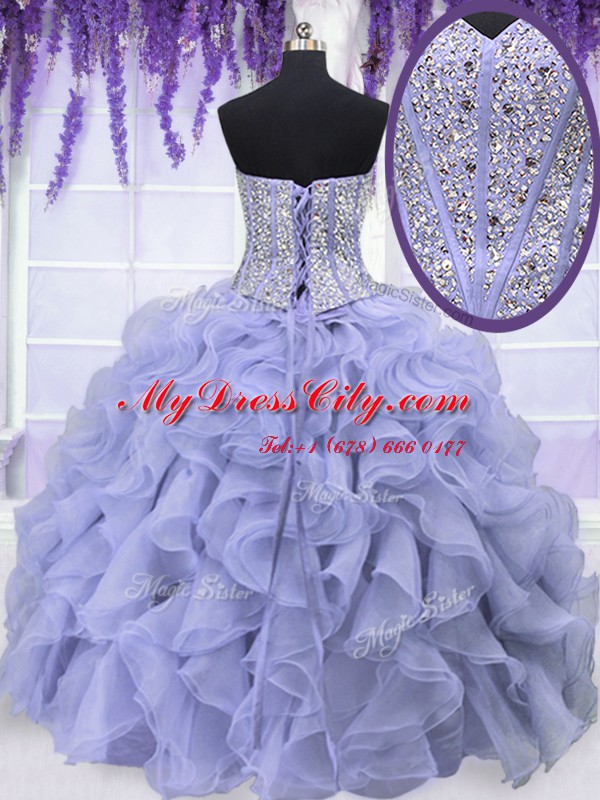 Glamorous Floor Length Lace Up 15 Quinceanera Dress Lavender for Military Ball and Sweet 16 and Quinceanera with Beading and Ruffles