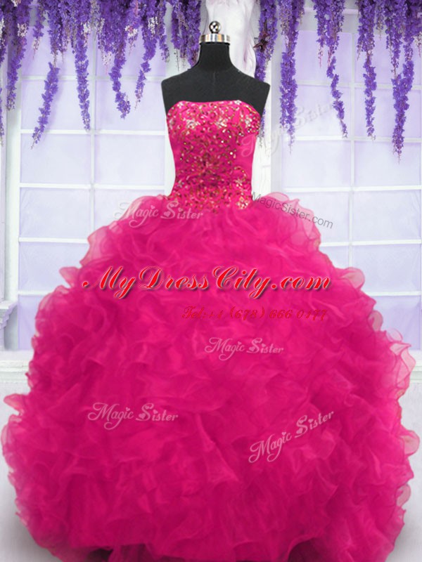 Fuchsia Lace Up Sweet 16 Dresses Beading and Ruffles Sleeveless With Brush Train