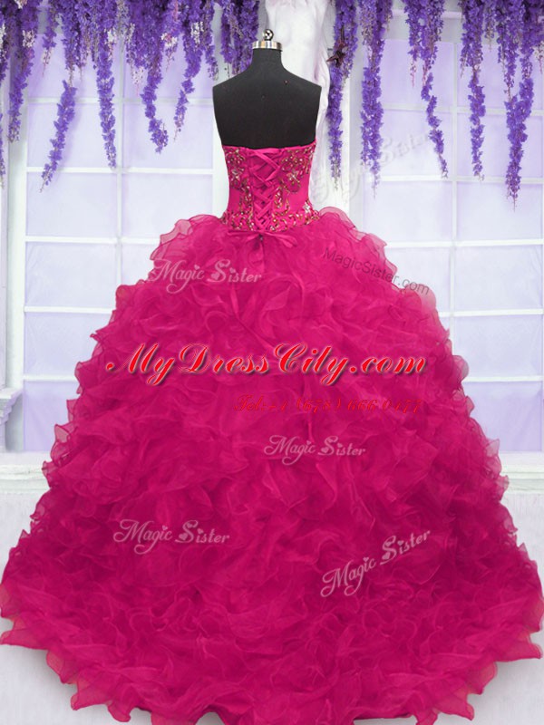 Fuchsia Lace Up Sweet 16 Dresses Beading and Ruffles Sleeveless With Brush Train
