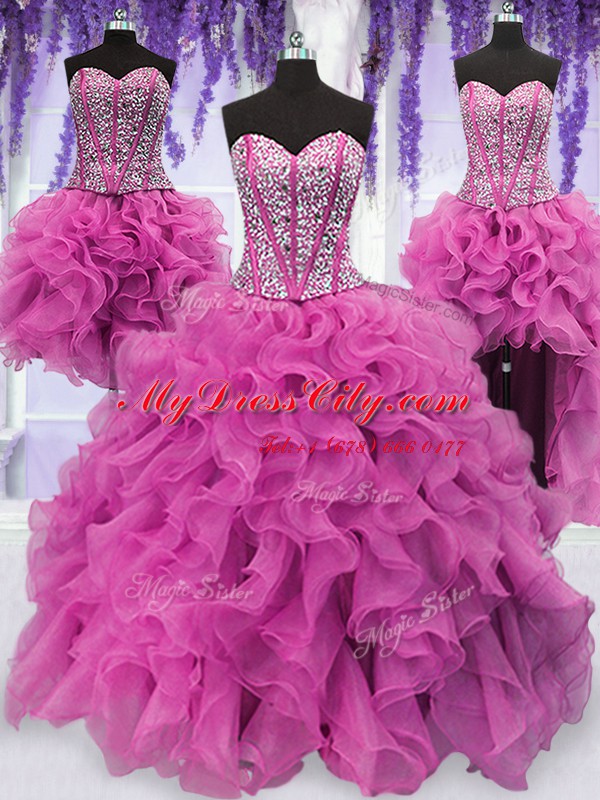Comfortable Four Piece Sleeveless Lace Up Floor Length Ruffles and Sequins Ball Gown Prom Dress