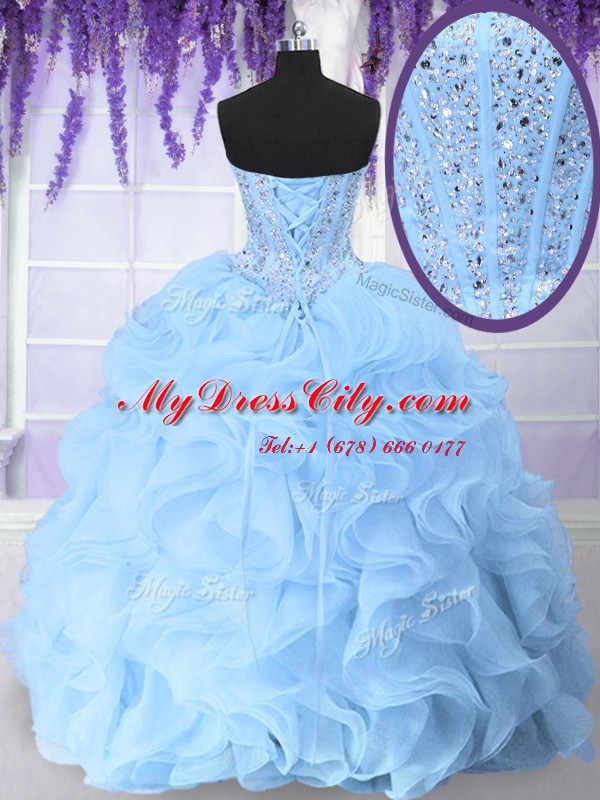 Flare Light Blue Sleeveless Floor Length Beading and Ruffles Lace Up Sweet 16 Dresses