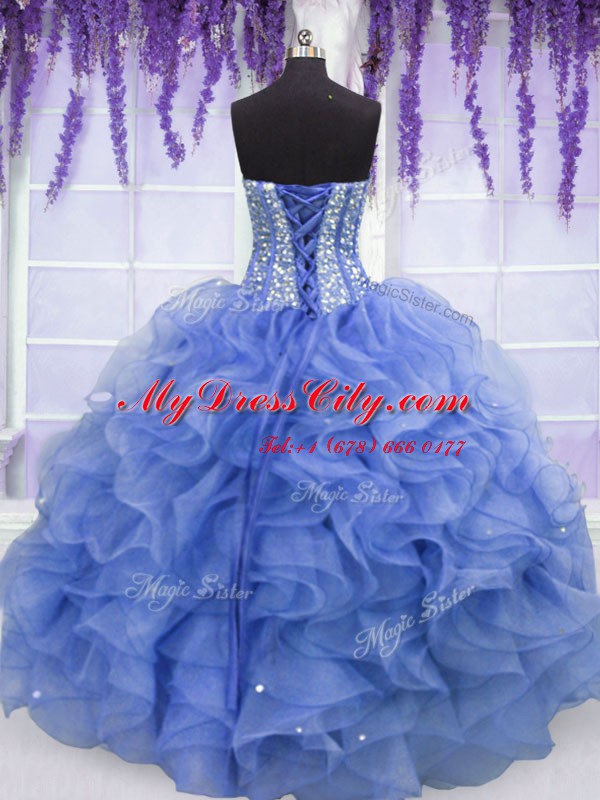 Glorious Beading and Ruffles Sweet 16 Quinceanera Dress Blue Lace Up Sleeveless Floor Length