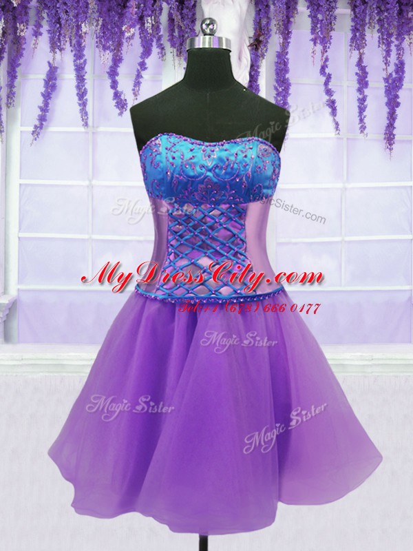 Comfortable Four Piece Lavender Ball Gowns Strapless Sleeveless Organza Floor Length Lace Up Embroidery and Ruffles Sweet 16 Quinceanera Dress