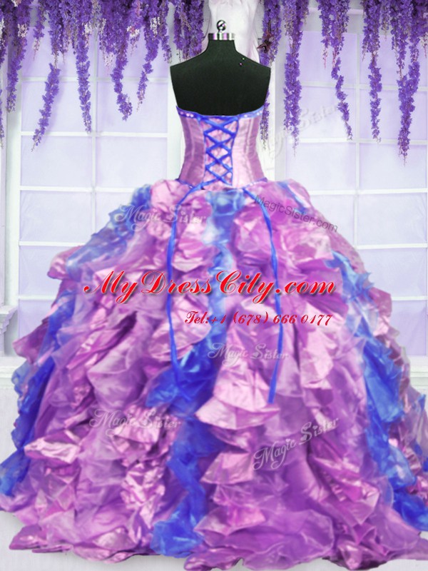 Comfortable Four Piece Lavender Ball Gowns Strapless Sleeveless Organza Floor Length Lace Up Embroidery and Ruffles Sweet 16 Quinceanera Dress