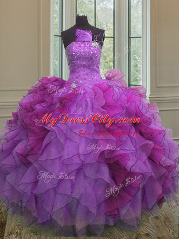 Traditional Sleeveless Floor Length Beading and Ruffles Lace Up Quinceanera Dresses with Multi-color