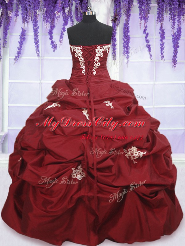 Great Taffeta Strapless Sleeveless Lace Up Appliques and Pick Ups Quinceanera Gowns in Wine Red