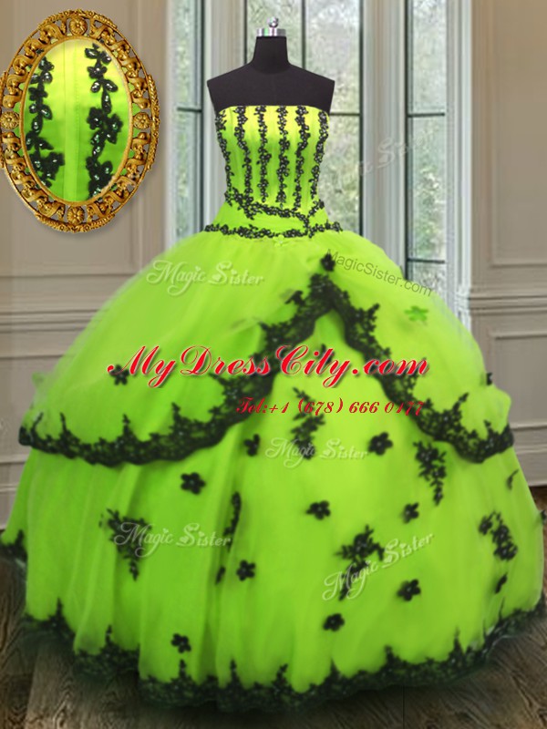 Yellow Green Tulle Lace Up Strapless Sleeveless Floor Length Sweet 16 Dress Appliques